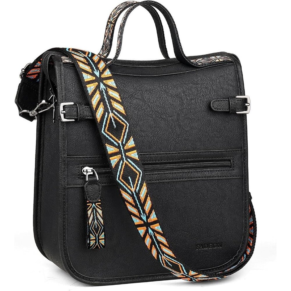 Women’s Black Retro Style Leather Purse Crossbody Bag Handbag Wide